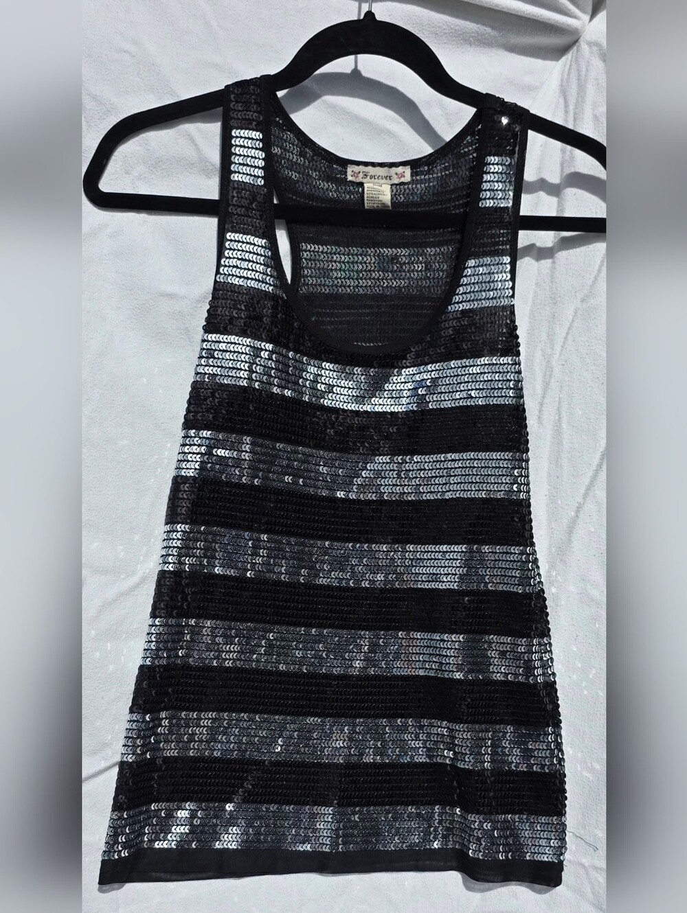 Size M Sequin Stripe Tank Top - Black & Silver